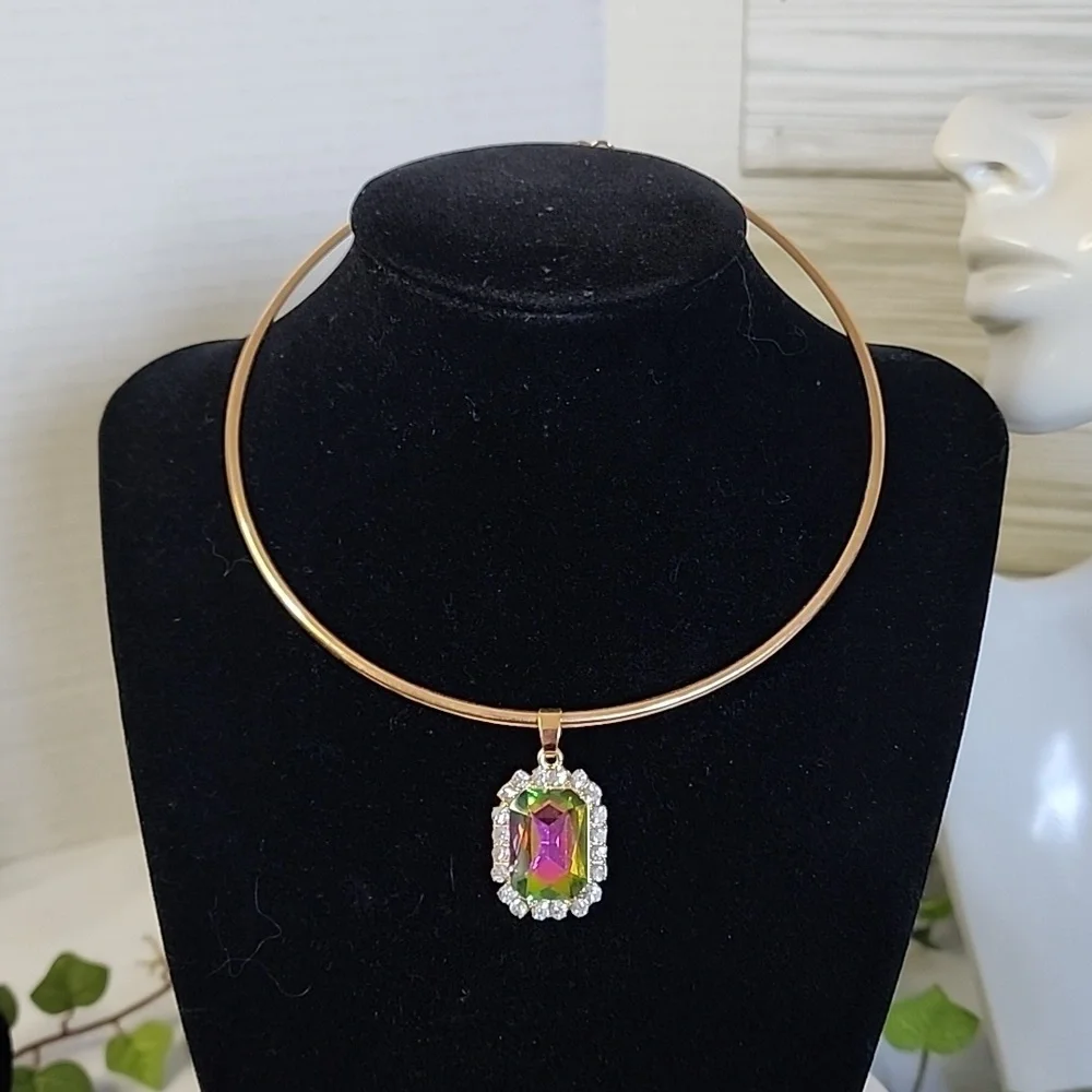 Gold Choker Necklace with Rainbow AB Square Pendant New